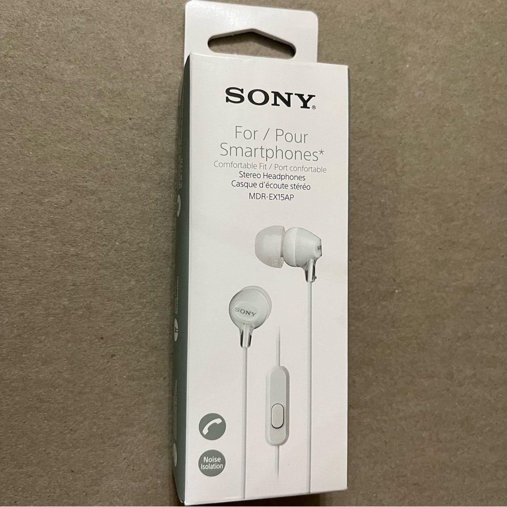 Sony white EX series earbud stereo headset w/ mic Y cable/slider L shape plug.